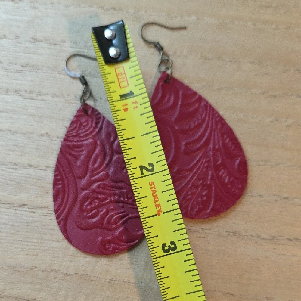 Handmade Red Leather Embossed Teardrop Earrings